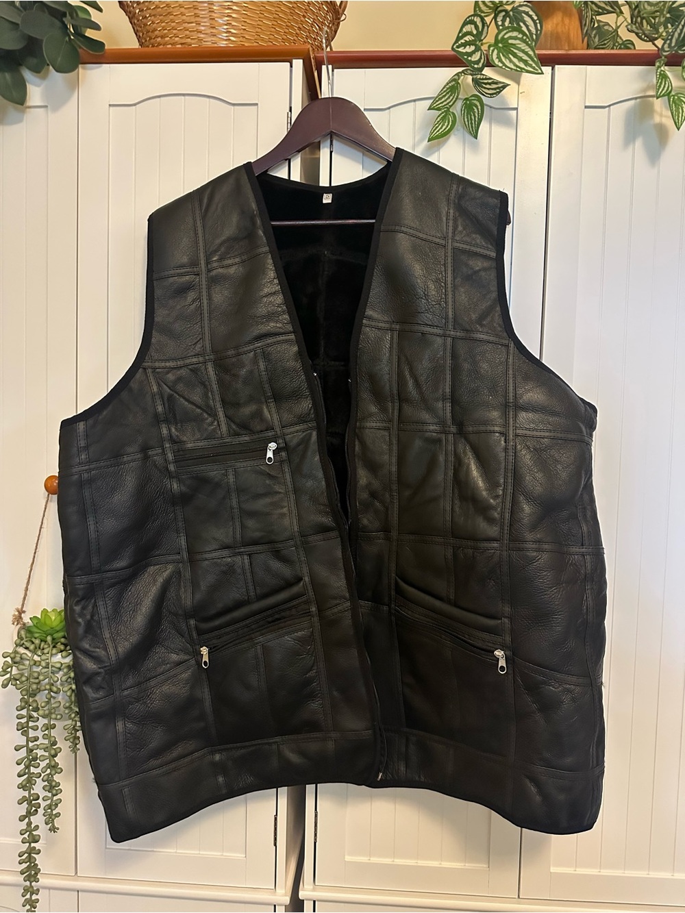 Men's Black Genuine Leather Patchwork Vest with shearling lining & Zip Pockets